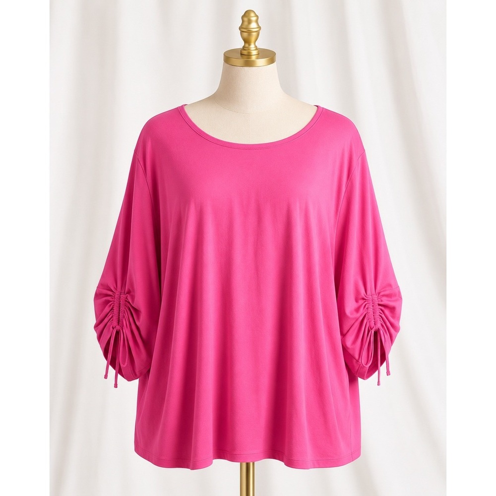 Susan Graver Liquid Knit Ruched Elbow Sleeve Top Ties Pink Size 3X